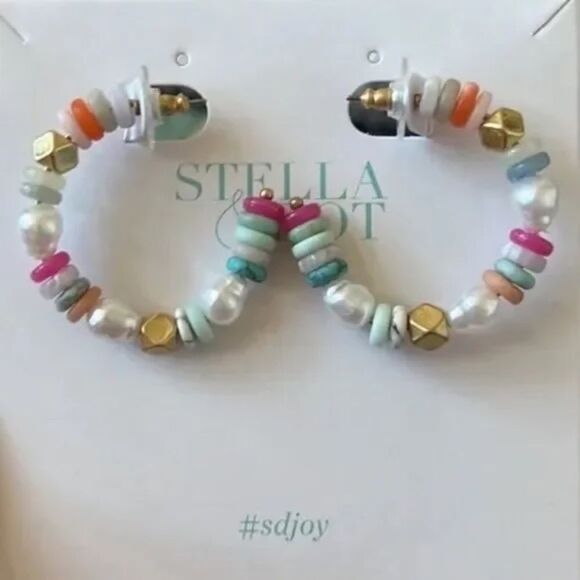 Stella & Dot Modern Bohemian Beaded Hoop Earrings Gold Multi 1.4” - Picture 4 of 4